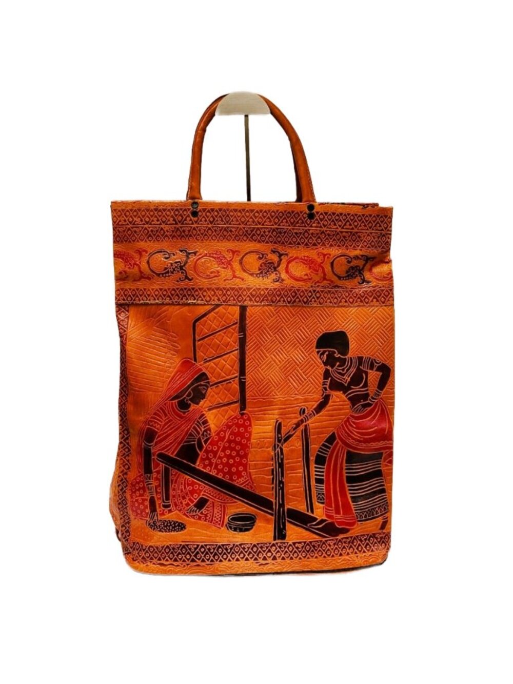 VTG 70s Shantiniketan Indian Embossed Leather Tote Bag Large Boho Folk Art